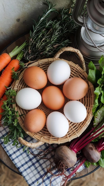 Photo concept of natural farm product eggs top view