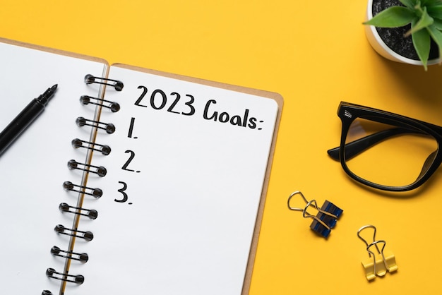 The concept of the new year 2023 Notepad entry with goals points