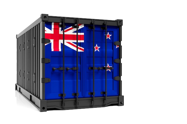 The concept of New Zeland exportimport container transporting and national delivery of goods 3D illustration container with the national flag of New Zeland view front