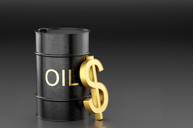 The concept of oil and fuel trafficking Black metal barrel with dollar sign 3D render