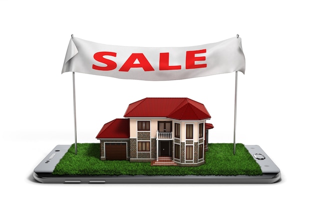 Concept of online sales house property is on the phone 3d illustrations