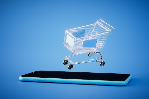 The concept of online shopping smartphone and a cart for goods on a blue background 3D render