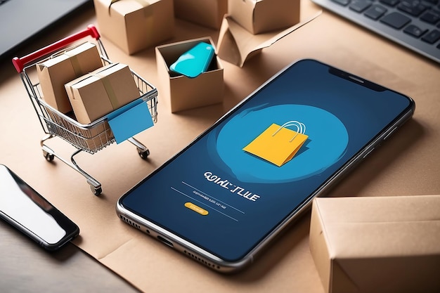 Concept online Sopping boxes and shopping bag with Smartphone Online Shopping screen