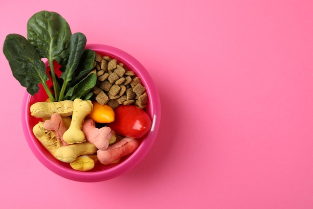 Concept of organic pet food on pink