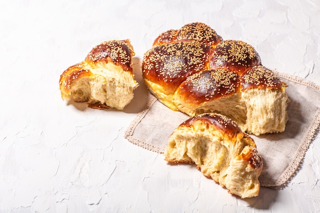 The concept of oriental cuisine. National Israel festive jewish challah bread made from yeast dough with eggs