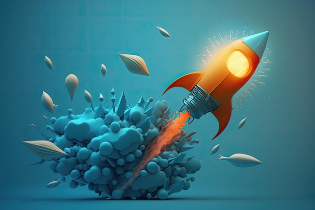 Concept of original thought and new ideas Blue background with a rocket flying