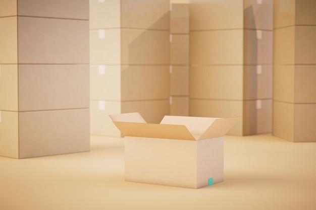 The concept of packing and storage of parcels an open box next to other parcels 3D render