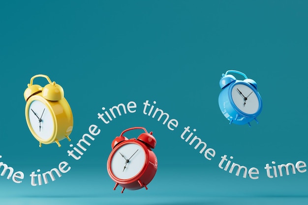 The concept of the passage of time multicolored alarm clocks and time inscriptions