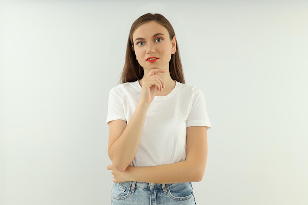 Concept of people young woman on light background