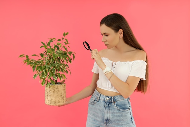 Concept of people young woman on pink background