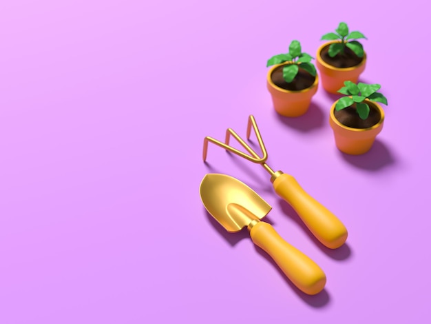 Concept Planting a small plant on soil with Gardening tools on purple isolated background 3d render