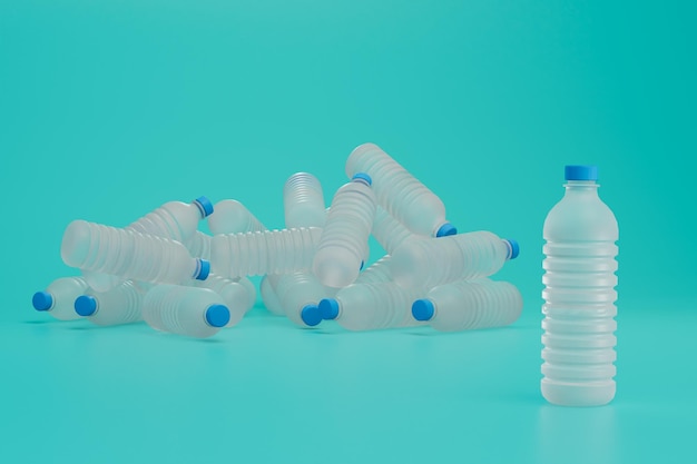 The concept of plastic recycling empty plastic bottles on a turquoise background 3D render