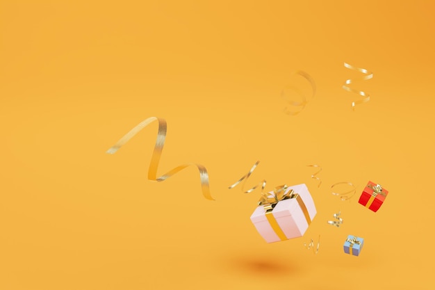 The concept of presenting gifts gift boxes and ribbons flying on an orange background 3D render