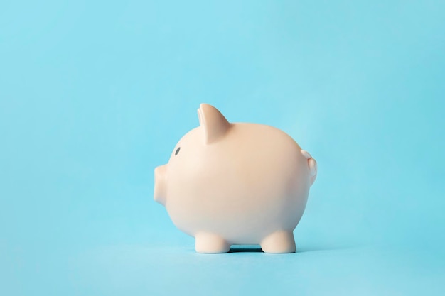 Concept of preserving and saving money Pink piggy bank on a blue background side view