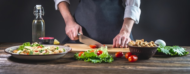 Concept of the process of preparing a fresh delicious salad