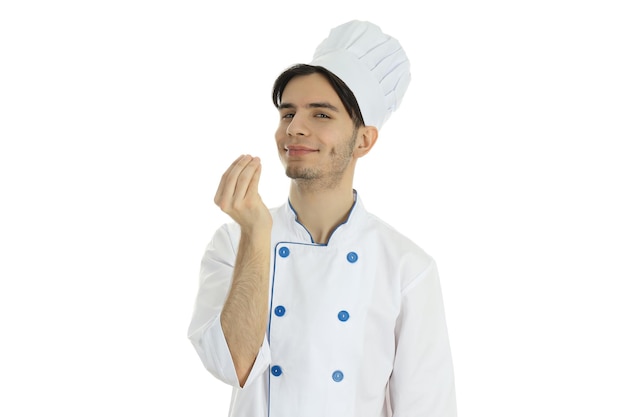 Concept of profession young attractive male chef isolated on white background