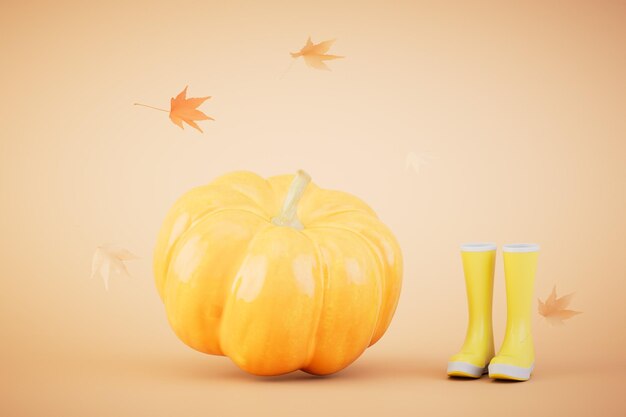 The concept of the pumpkin season pumpkin and rubber boots on a pastel background 3D render