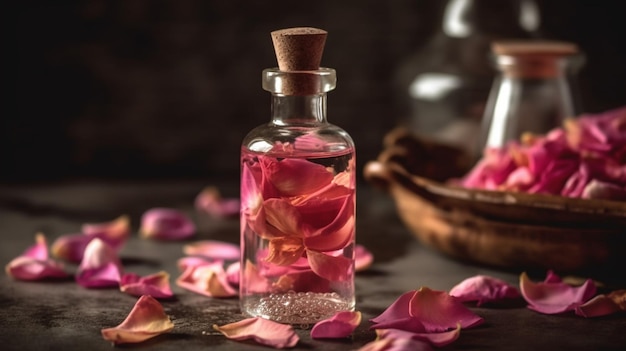 Concept of pure organic essential rose oil Elixir with plant based floral Pink flowers with candle