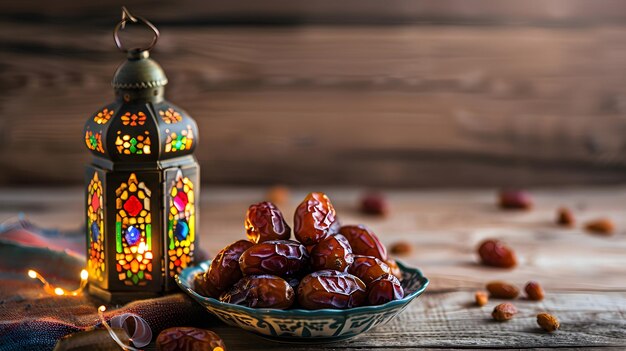 Concept Ramadan Kareem with plate of dates and ancie