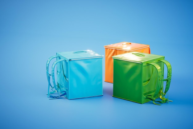 The concept of readymade food delivery multicolored courier bags on a blue background 3D render