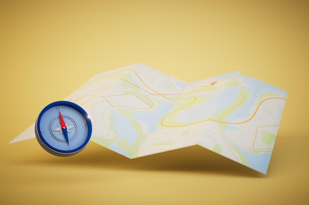 The concept of route determination compass and map on a yellow background 3D render