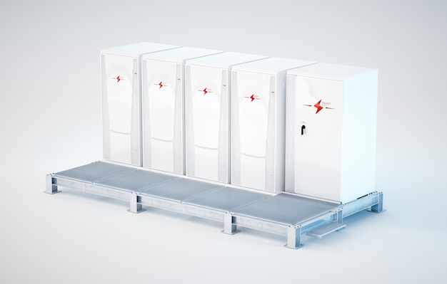 The concept of saving energy from renewable sources. 3d illustration of a modern battery system with a background of solar wind power plants in a warm evening light.