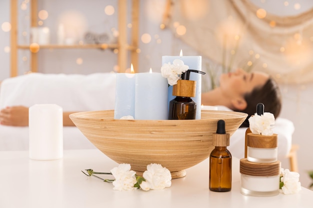 Concept of spa relax and self care with beautiful young woman