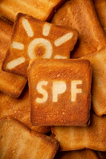 Concept of SPF cream and sun sign on toasted bread background