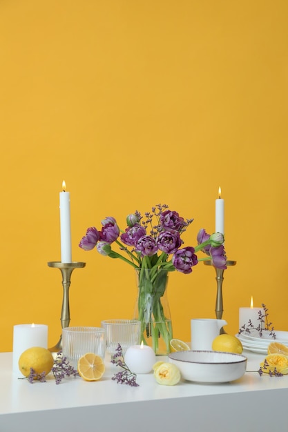 Concept of spring season table setting space for text