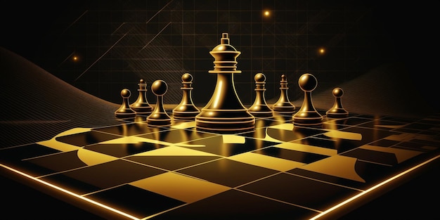 Concept of Strategy business ideas for Innovation planing and planing idea chess competitionfuturistic graphic icon and gold chess board game black color tone with financial stock line background