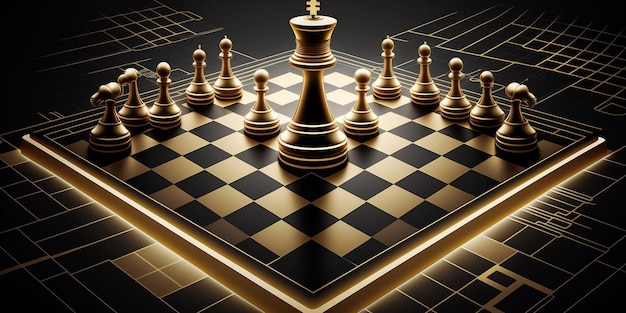 Concept of Strategy business ideas for Innovation planing and planing idea chess competitionfuturistic graphic icon and gold chess board game black color tone with financial stock line background