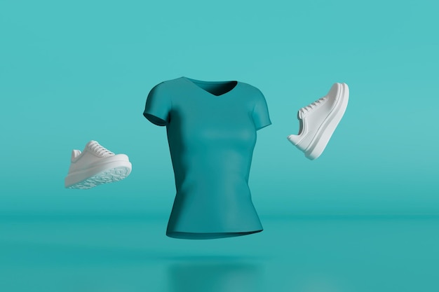 The concept of stylish sportswear turquoise Tshirt and white sneakers on a turquoise background