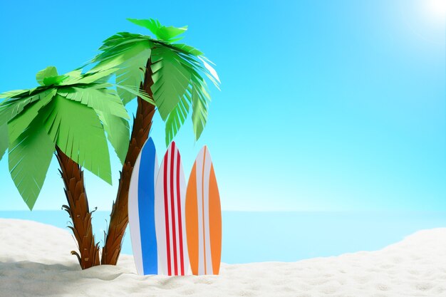 The concept of summer vacation. Beautiful view of the sandy coast background with palm trees and surfboards