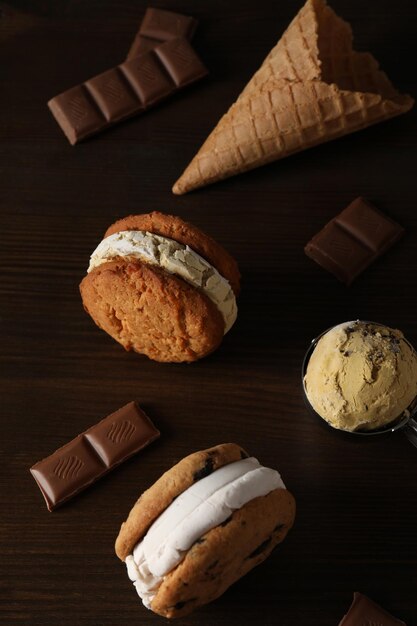 Concept of sweet food tasty cookies with ice cream