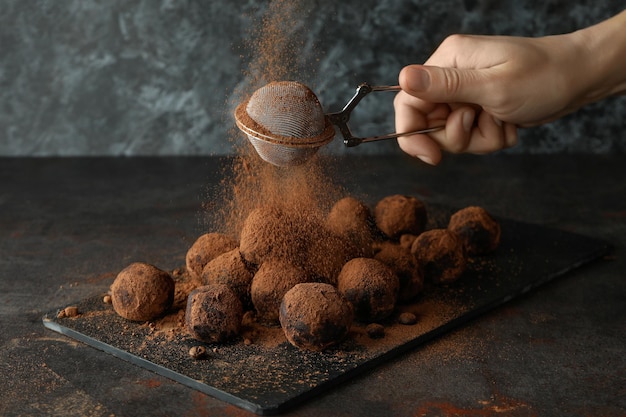 Concept of sweets with truffles on dark textured table