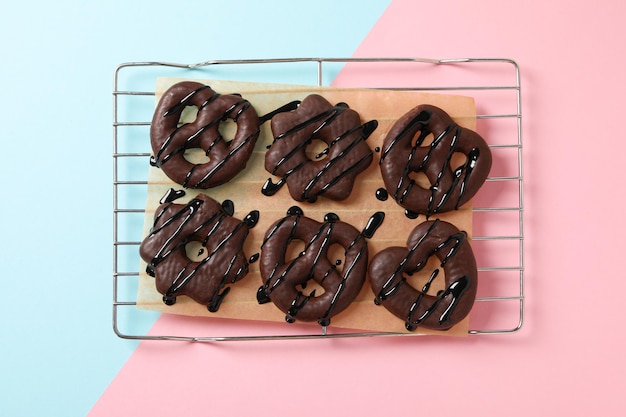 Concept of tasty bakery gingerbread cookies in chocolate top view