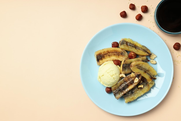 Concept of tasty dessert grilled banana space for text