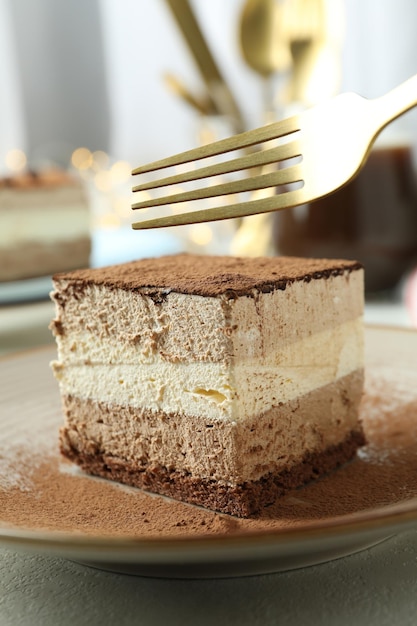 Concept of tasty dessert with Tiramisu cake close up