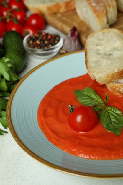 Concept of tasty eating with Gazpacho soup on white textured background