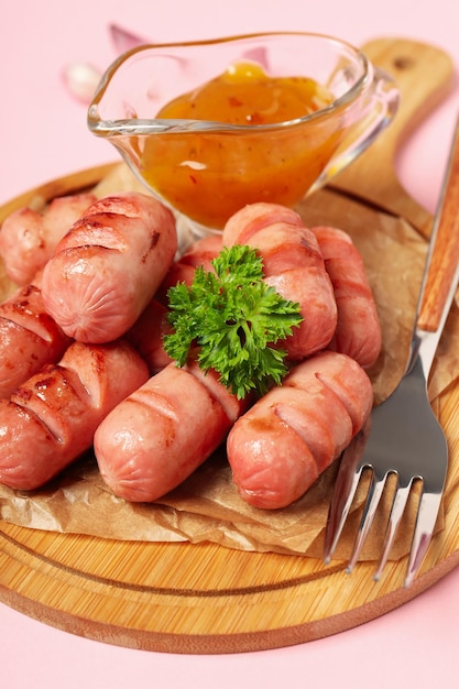 Concept of tasty food grilled mini sausage close up