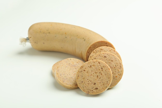 Concept of tasty food liverwurst sausage close up