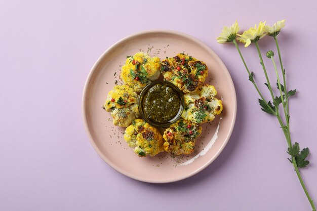 Concept of tasty food with baked cauliflower on violet background.