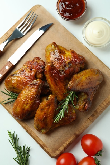 Concept of tasty food with baked chicken wings on white