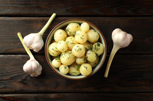 Concept of tasty food with boiled young potatoes top view