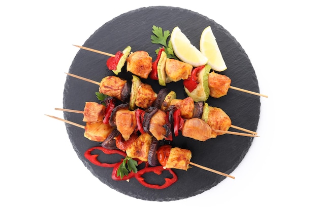 Concept of tasty food with chicken shashlik isolated on white background