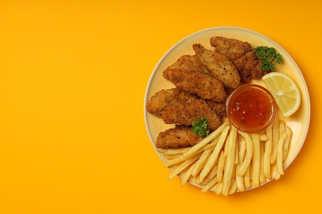 Concept of tasty food with Chicken strips space for text