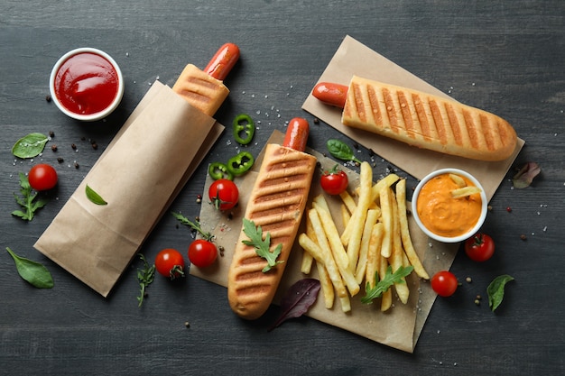 Concept of tasty food with french hot dog