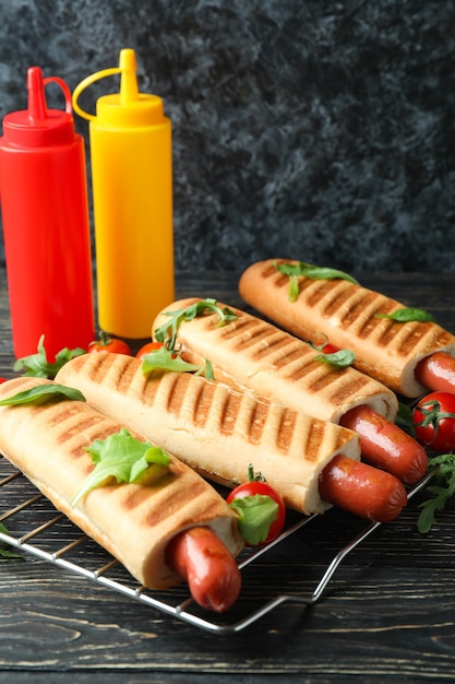 Concept of tasty food with french hot dog