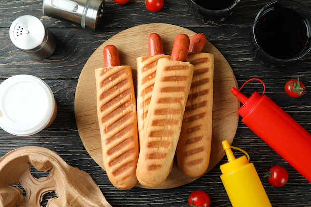 Concept of tasty food with french hot dog