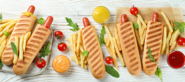 Concept of tasty food with french hot dog